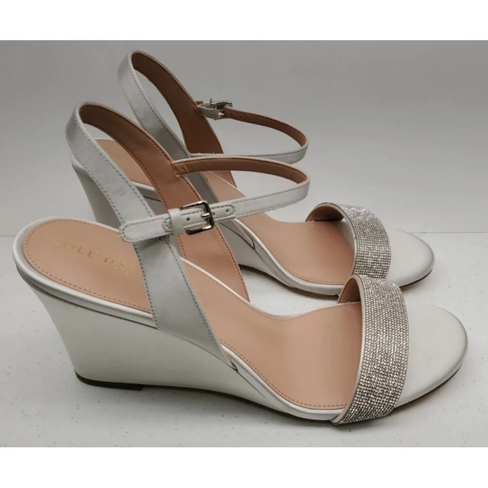 Cole Haan Josie Wedge Heel Sandals Crystal Gray‎ Satin W30331 Women's Sz 11B NEW